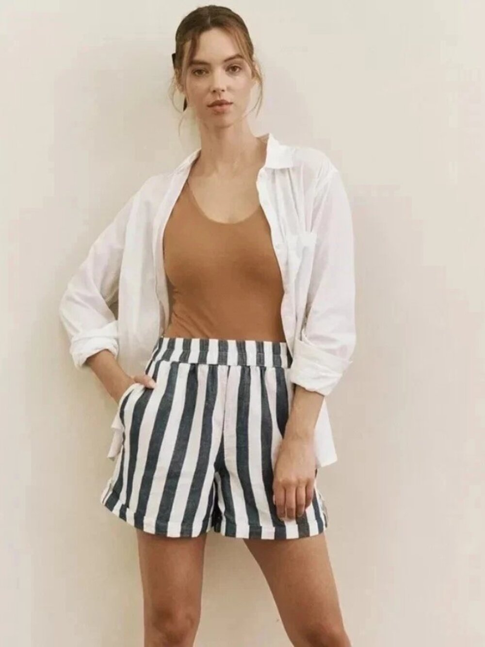 Pact Mariner Blue Stripe Rhea Tabbed Shorts Organic Cotton Linen Small